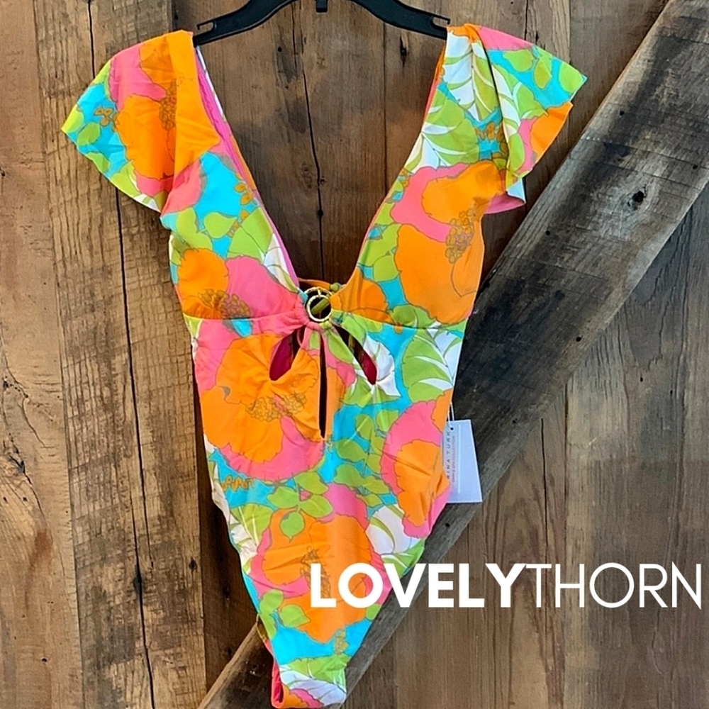 TRINA TURK // ltd ed playa de flor flutter sleeve cut-out 1 piece swim/bodysuit - Picture 4 of 12